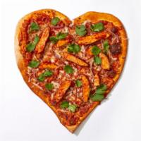 Bae Bbq Chicken Pizza · Heart shaped pie with shredded chicken, red onion, gooey cheese and BBQ sauce.