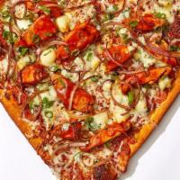Baby Blue Buffalo Chicken Pizza · Heart shaped pie with chicken, blue cheese, red onion, and buffalo sauce.