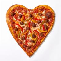 Ily Weenie Sausage Pizza · Heart shaped pie with sausage, peppers, gooey cheese and our house marinara sauce.