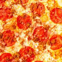Meat Lovers Pie · Pepperoni, Polidori Sausage, Taylor Ham, Shredded Mozzarella, Red Sauce