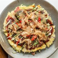 Seafood Okonomiyaki · Japanese Savory Pancake with squid, shrimp, and veggies