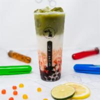 Strawberry Matcha Fresh Milk · organic matcha green tea, strawberry syrup, fresh whole milk