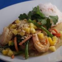 Coconut-Green Curry With Ginger-Jasmine Rice · Stir fried Asian veggies, spicy coconut curry sauce, mango & peanuts.
