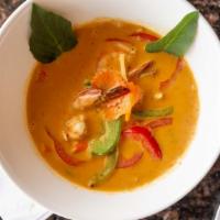 Red Curry · Gluten free. Red curry with coconut milk, bell pepper, bamboo shoots, carrots and basil leav...