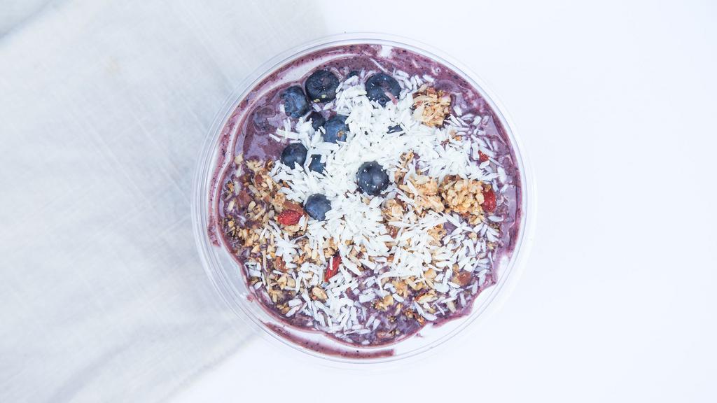 Pb Jr. Smoothie Bowl · Twenty ounces. Peanut butter, dates, cinnamon, banana, and coconut milk. Topped with margalaxy, grain - free, superfood granola and topped with fresh blueberries, raspberries strawberries & coconut shreds.