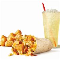 Ultimate Meat And Cheese Breakfast Burrito Combo · Cheddar cheese, tater tots, sausage, bacon, and baja cheese sauce. Includes choice of tots o...