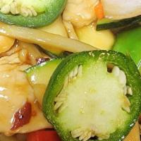 Bangkok Chicken · Stir fry chicken with vegetables, jalapeno and basil. Hot and spicy.