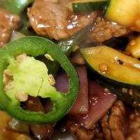 Jalapeno Beef · Stir fry sliced beef sauteed with spicy sauce. Hot and spicy.