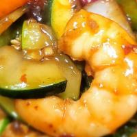 Spicy Garlic Shrimp · Wok tossed shrimp and vegetables with sambal oelek chili. Hot and spicy.