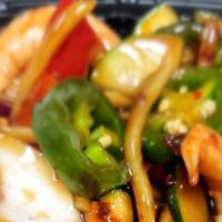 Spicy Thai Ginger Shrimp · Fresh ginger, jalapeno with shrimp and veggies. Hot and spicy.