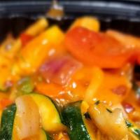 Red Curry Scallops · Scallop and vegetables stir fry in basil red curry sauce. Gluten free. Hot and spicy.