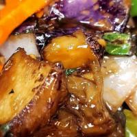 Thai Eggplant · Hot and spicy. sauteed eggplants in sweet and spicy basil sauce .comes with red onions,red b...
