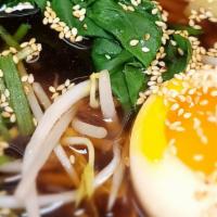 Vegetarian Ramen · Soft boiled egg, wood ear mushroom, bamboo shoot ,beansprout and tofu.