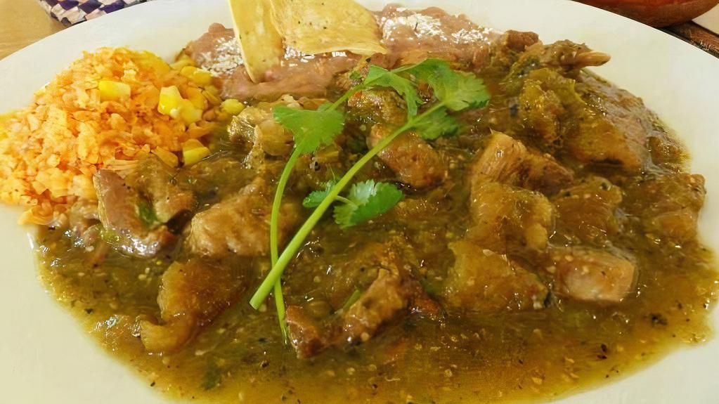 Chicharron Plate · All plates served with salad, rice, beans, corn or flour tortillas and red or green chili sauce.
