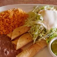 Taquito Roll Beef Plate (Flautas Roll) · Served with rice, beans, salad, sour cream, guacamole, and red or green chili sauce.