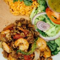 Mar Y Tierra Plate · All plates served with salad, rice, beans, corn or flour tortillas and red or green chili sa...