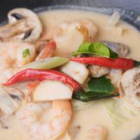 Tom Kha · Sour hot soup with coconut milk.
In the soup: Lemongrass, galanga, lime leaves, tomato, mush...