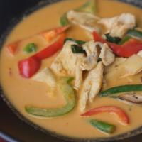 Red Curry · Red curry paste, coconut milk, bamboo shoot, carrot, bell pepper, basil, and Chinese eggplan...
