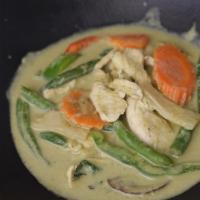 Green Curry · Green curry paste, coconut milk, bamboo shoot, carrot, bell pepper, basil, and Chinese eggpl...