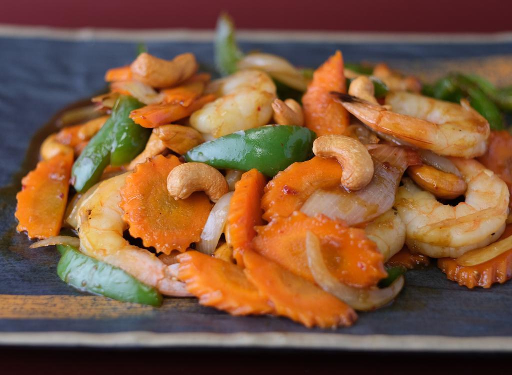 Cashew Nut · Stir-fried sweet chili paste, cashew nut, bell pepper, onion, and carrot. Served with Jasmine Rice.