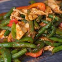 Prik King · Stir-fried green bean, bell pepper in red curry paste sauce. Served with Jasmine Rice.