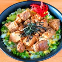 B1 Chashu Bowl · Rice with marinated chopped chashu, egg, green onion, seaweed, red ginger.