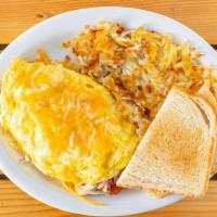 Cheerful Omelette · Onions, peppers, mushrooms, olives, tomatoes and meat. Served with hash browns and toast.