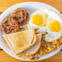Wilber'S Breakfast · Sausage patty, two slices of bacon or ham, two eggs, hash browns, and toast.