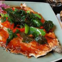 3-Flavored Trout · Deep-fried boneless trout served with sweet, sour and spicy chili sauce. Topped with crispy ...