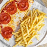 Pizza/Fry Box · Slice of Cheese pizza and fries.