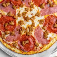 Meat Trio-Slice (½ Pie) · Classic Italian Pizza Sauce, Mozzarella Cheese, Salami, Pepperoni, and Sausage.