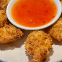 Coconut Prawns 5 Pcs · Flash fried Black Tiger shrimp dipped in coconut flakes and panko served with Thai sweet chi...