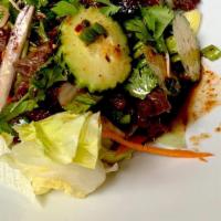 Beef Salad · Grilled beef tender, red onion, mint leaf, lemon grass, lime juice, served on bed of salad