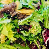 23 - Signature Beef Salad · Mixed greens, cucumber, wonton strips, sesame seeds, signature salad dressing, sesame oil, l...