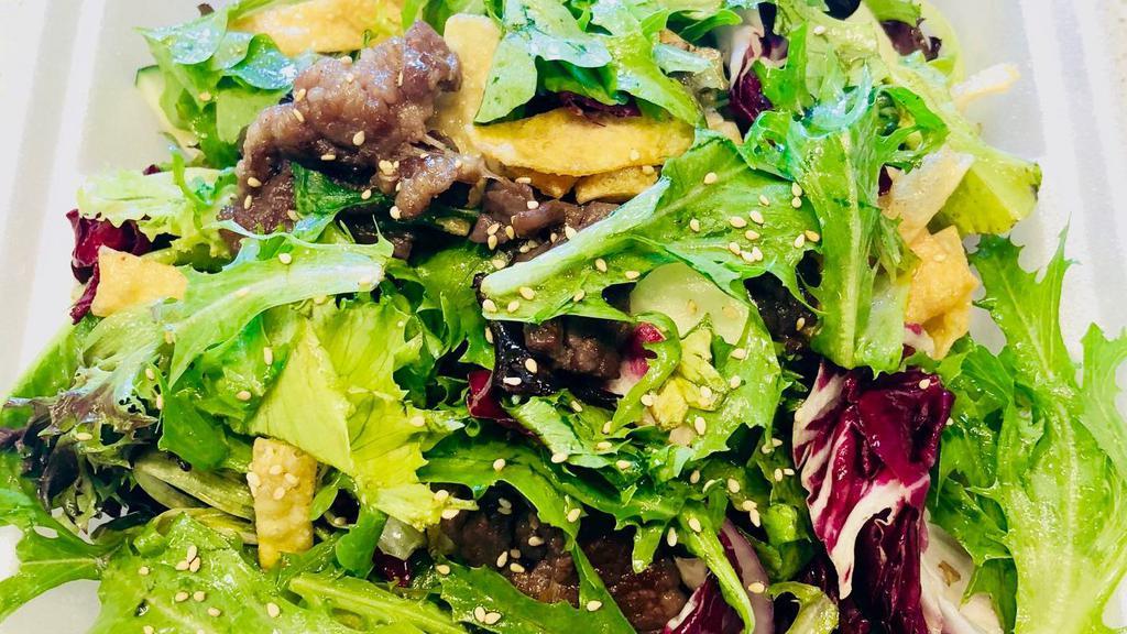 23 - Signature Beef Salad · Mixed greens, cucumber, wonton strips, sesame seeds, signature salad dressing, sesame oil, lemon juice.
