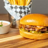 Cheeseburger · Our specialty 1/4 lb smashed Impossible burger topped with pickles, caramelized onions, and ...