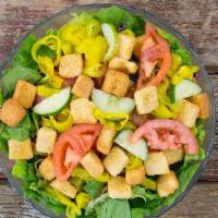 Garden Salad · Mixed greens, cabbage and carrots, tomatoes, cucumber, pepperoncinis, croutons and your choi...