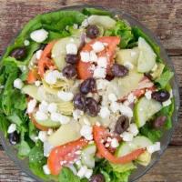 Greek Salad · Mixed greens, cabbage and carrot mix, tomatoes, cucumbers, feta cheese, artichoke hearts, ka...