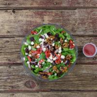 Spinach Salad · Fresh baby spinach, roasted red peppers, candied walnuts, feta cheese, red onions and dried ...