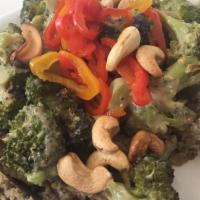 Green Giant Salad · Vegan. Gluten free. Roasted broccoli, eggplant puree, pickled chillis, cashews, miso vin, qu...