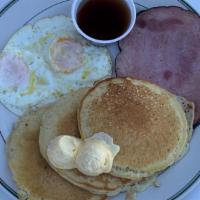 Pancake Breakfast · 2 Buttermilk Pancakes, Bacon, Sausage or Ham and 2 Eggs