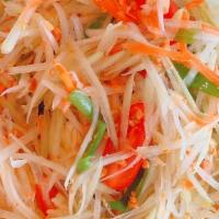 Papaya Salad (Som Tum Thai) · Fresh shredded green papaya salad, tomatoes, green beans and peanuts dressed with lime juice...