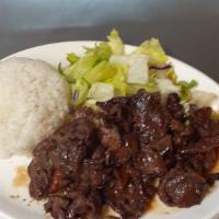 Beef · Meats are charbroiled and served with steamed rice and steamed veggies.
