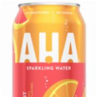 Aha Sparkling Water · AHA Sparkling Water. Choice of citrus-green tea, lime-water melon, and orange-grapefruit