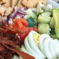 Ty Cobb Salad · Grilled chicken, avocado, bacon, bleu cheese crumbles, tomatoes, cucumbers & a hard-boiled e...