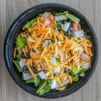 Chef Salad · Ham, Cheddar, tomato, onion, and black olive. Includes romaine lettuce, crountons, and a dre...