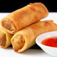 Egg Rolls (Veggie) · 3 pieces of minced veggies rolled in wonton skin and deep fried.