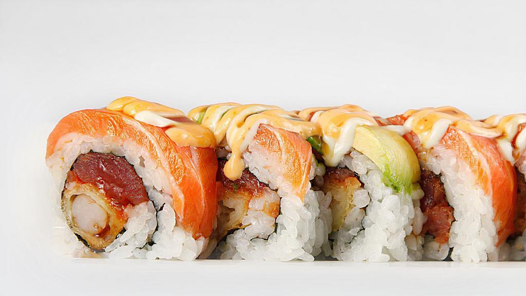 Playboy Roll · Shrimp tempura & spicy tuna topped with salmon & avocado.