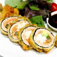 Red Dragon Roll · (no rice & deep fried)   Shrimp tempura, salmon,  crab mix,  avocado, creame cheese & aspara...