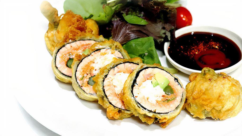 Red Dragon Roll · (no rice & deep fried)   Shrimp tempura, salmon,  crab mix,  avocado, creame cheese & asparagus